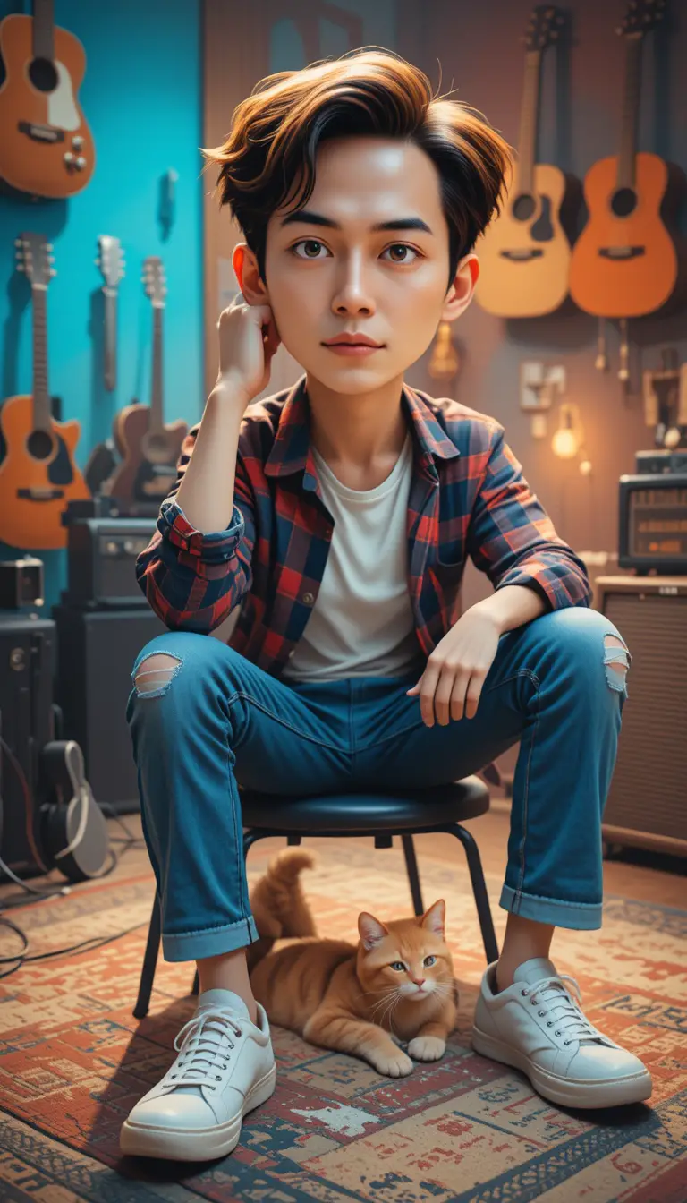 Young guitarist in plaid shirt resting with electric guitar