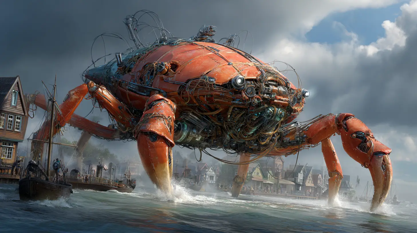 Giant cyborg crab attacking a stormy seaside village