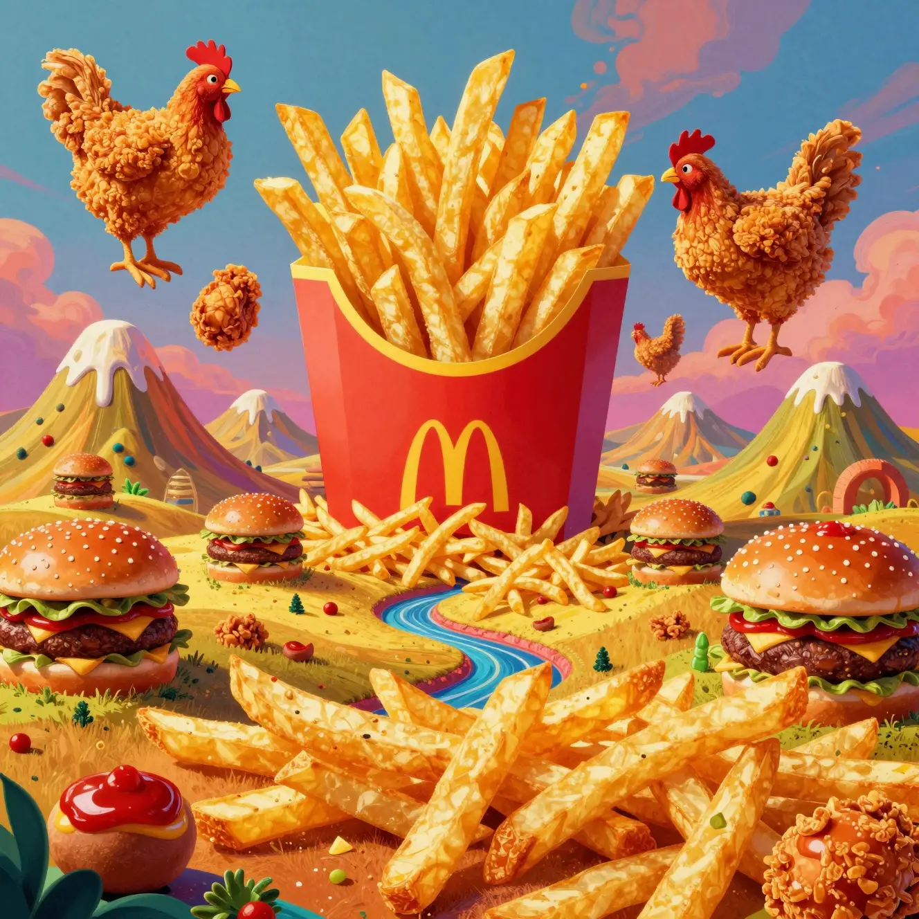 Surreal Fast Food Landscape In Vibrant Pop Art Style