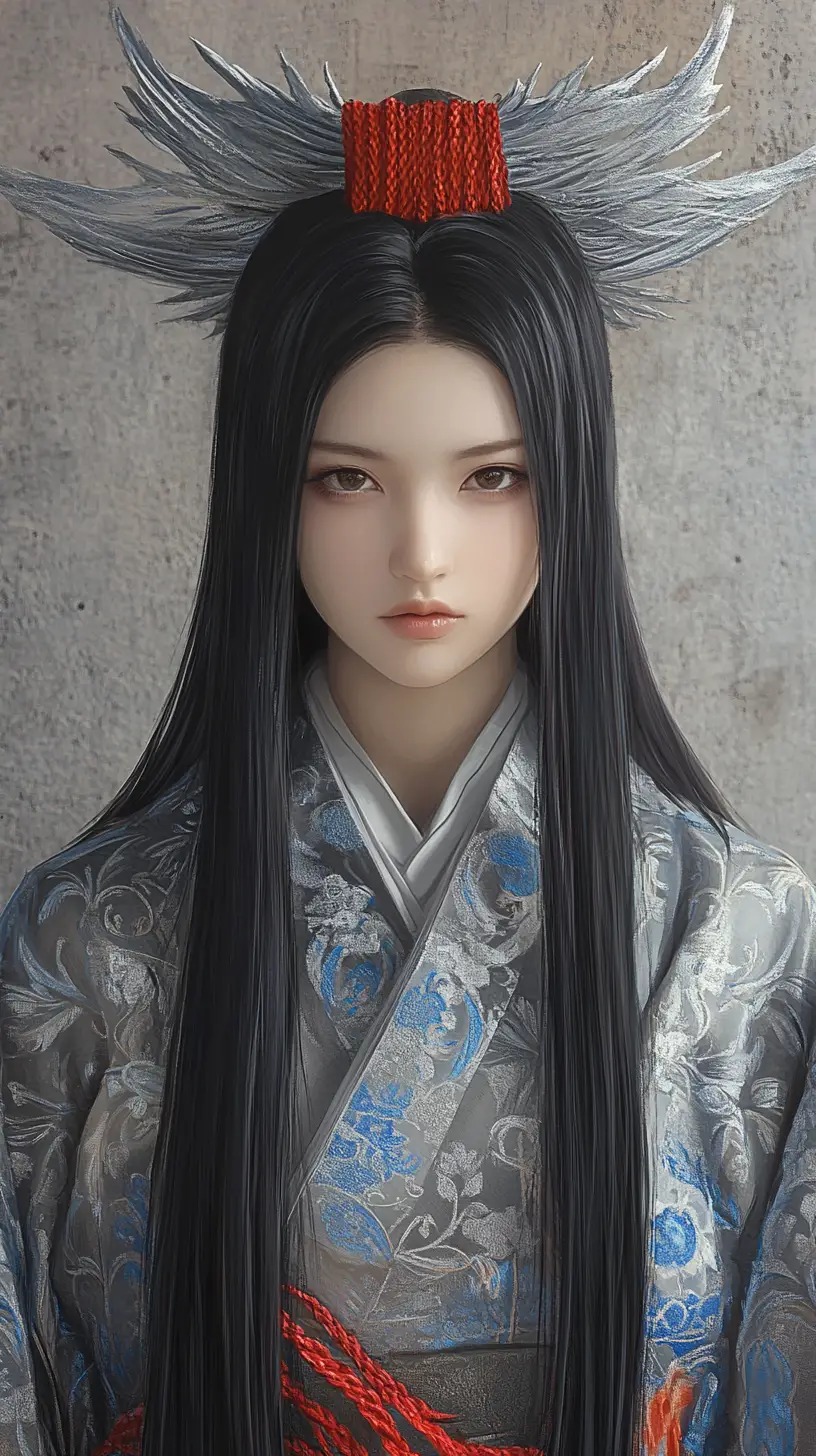 Young woman in ceremonial kimono with sculptural headdress