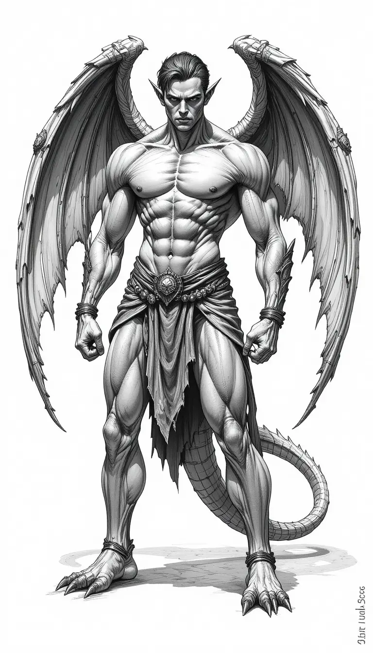 Winged gargoyle warrior in detailed pencil fantasy drawing