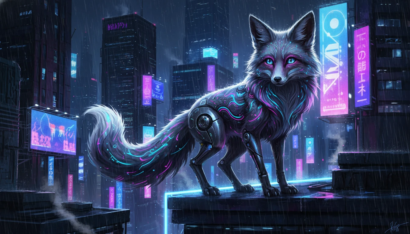 Cybernetic fox on neon rooftop in rainy night city