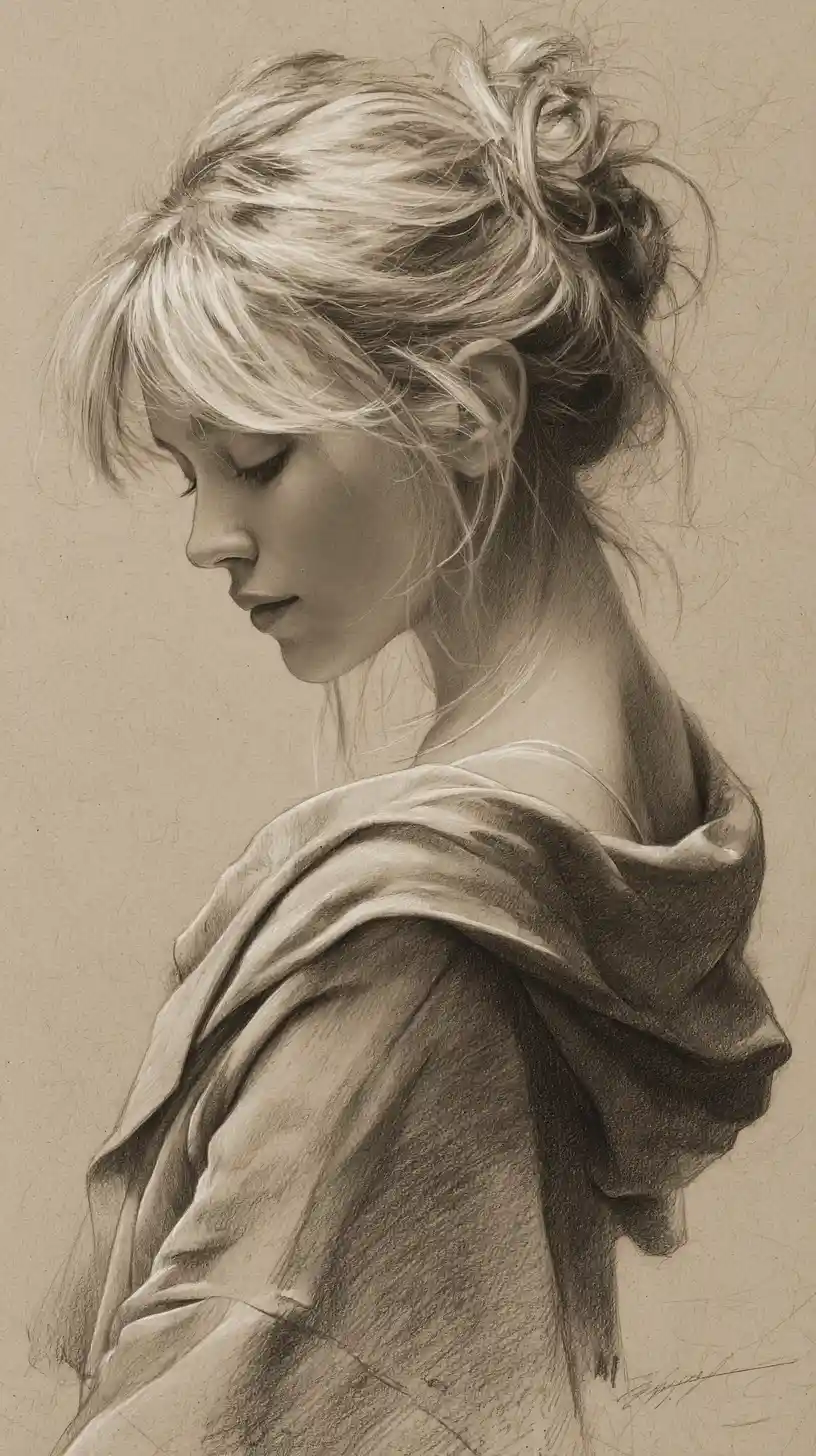 Side profile pencil sketch of a pensive young woman