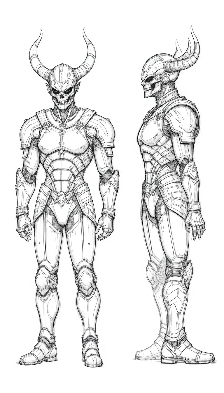 Horned armored warrior pencil concept in front and side views