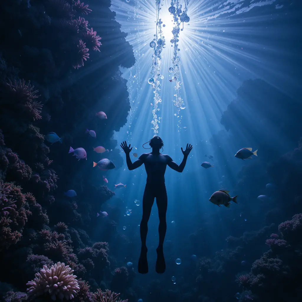 Apneísta frente a una pared de coral en aguas profundas iluminadas por el sol