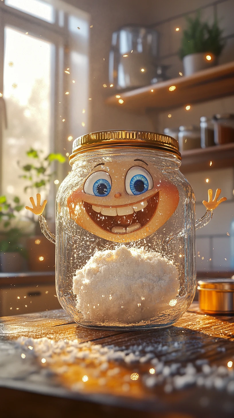 Personaje de Frasco de Vidrio 3D Sonriente en una Acogedora Escena de Cocina