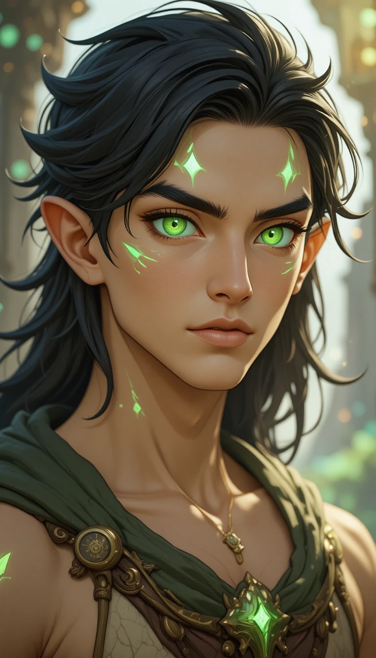 Green eyed huppermage man with glowing elemental markings