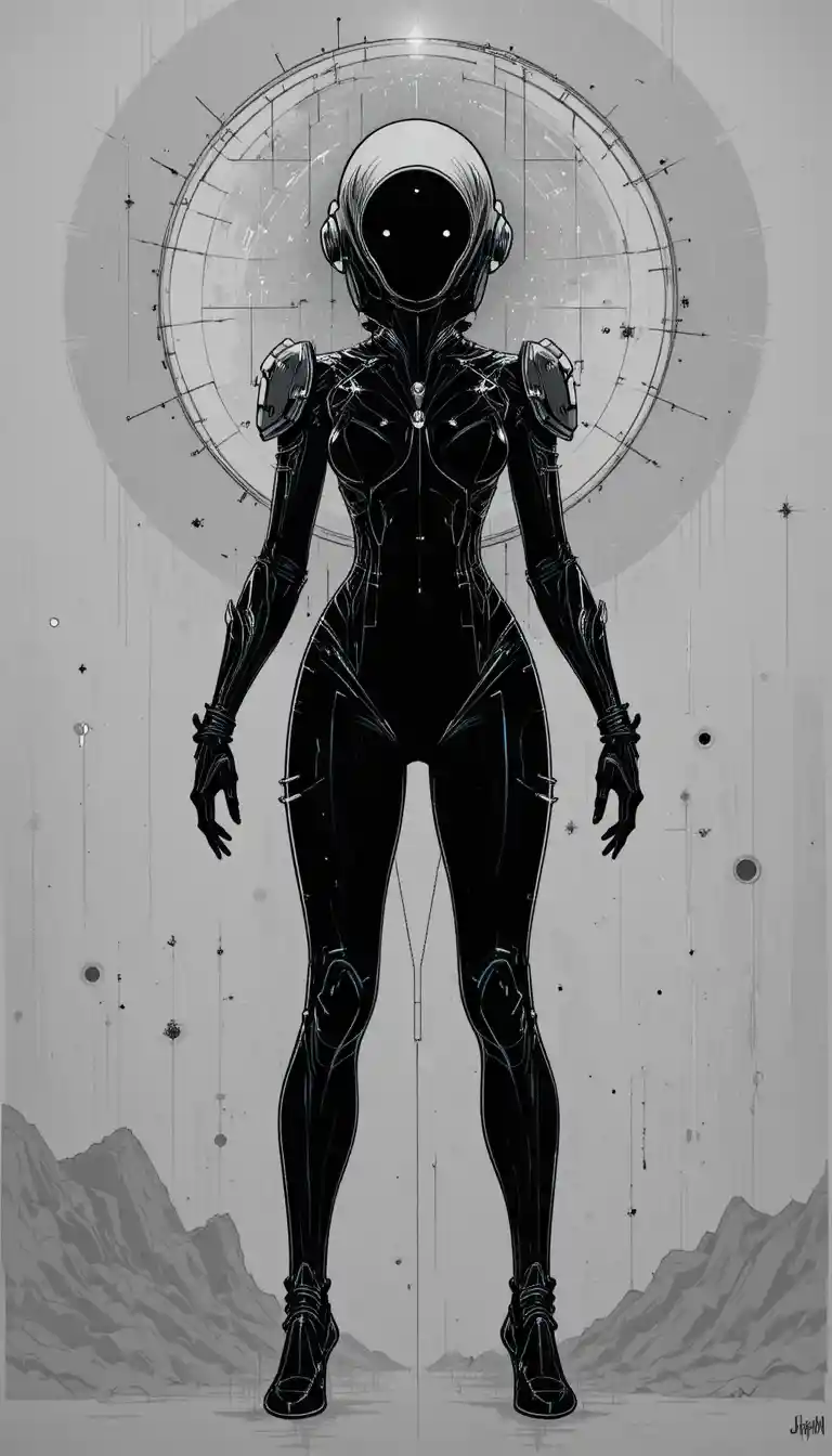 Futuristic cybernetic woman in halo black and white drawing