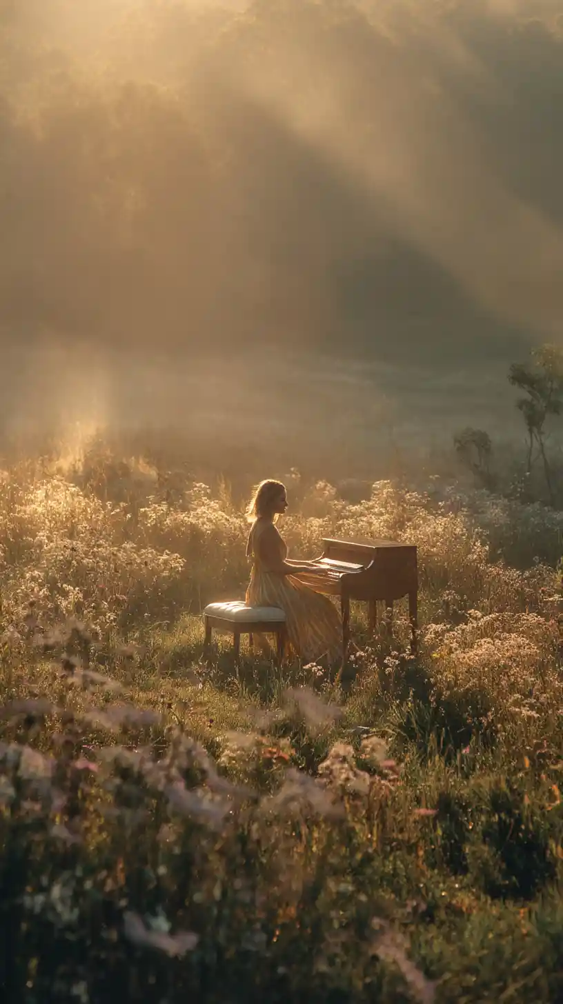 Woman Playing Piano In Sunrise Wildflower Field