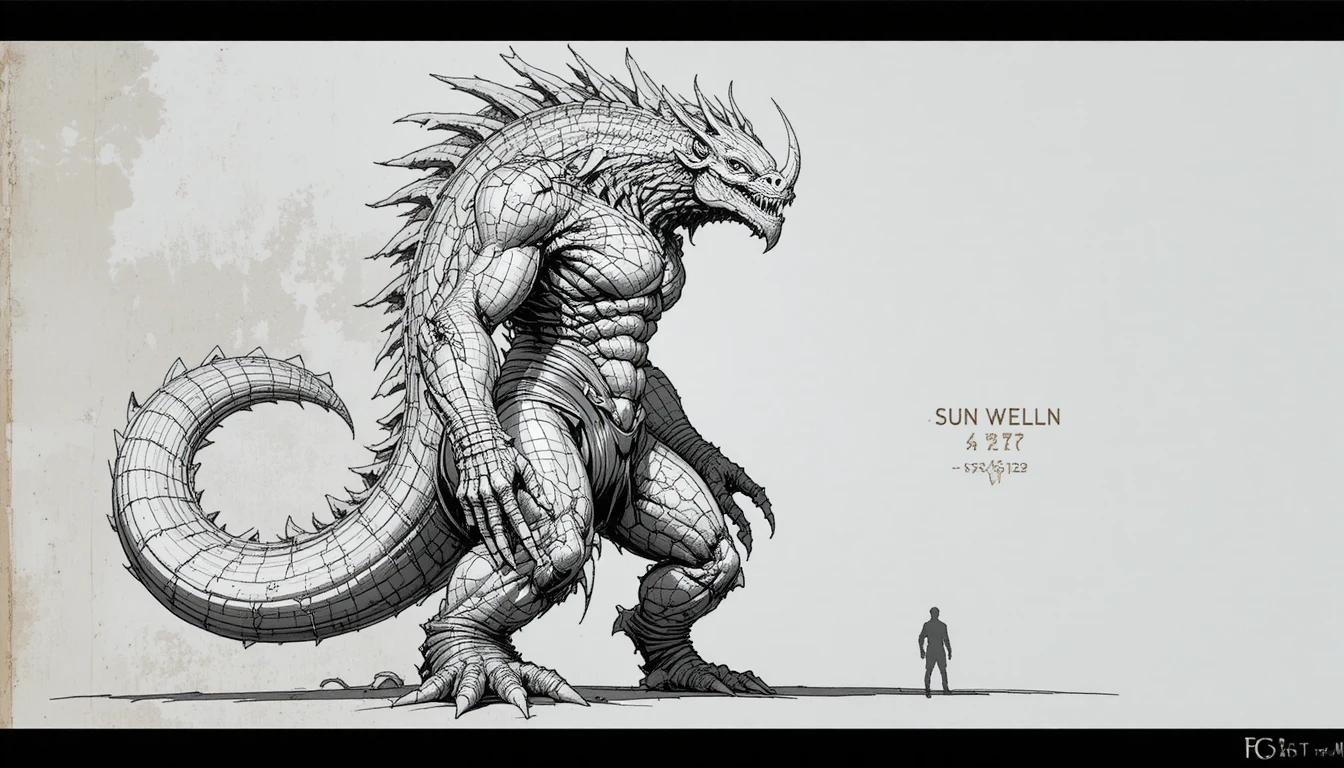 Mythical armored creature in dynamic black and white drawing