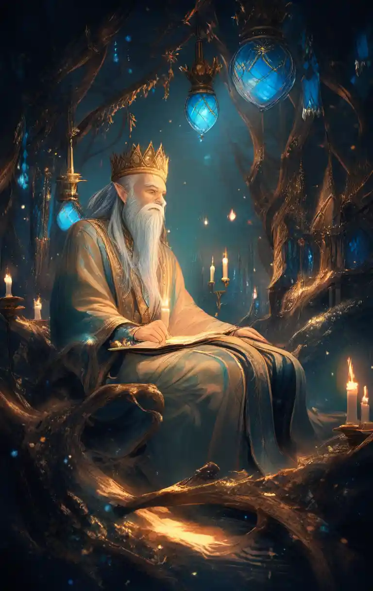 Wise elf king holding a candle in a misty forest