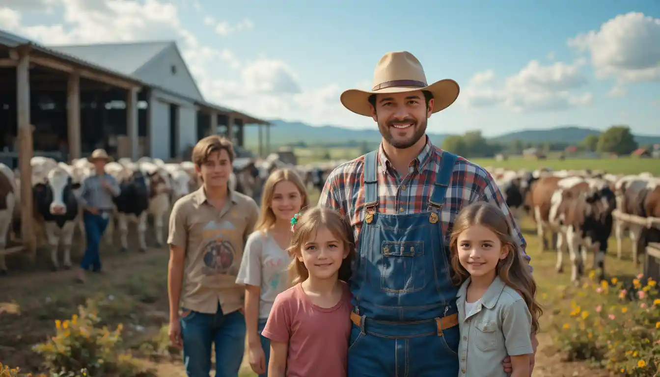 Proud farmer smiling with family in front of dairy farm