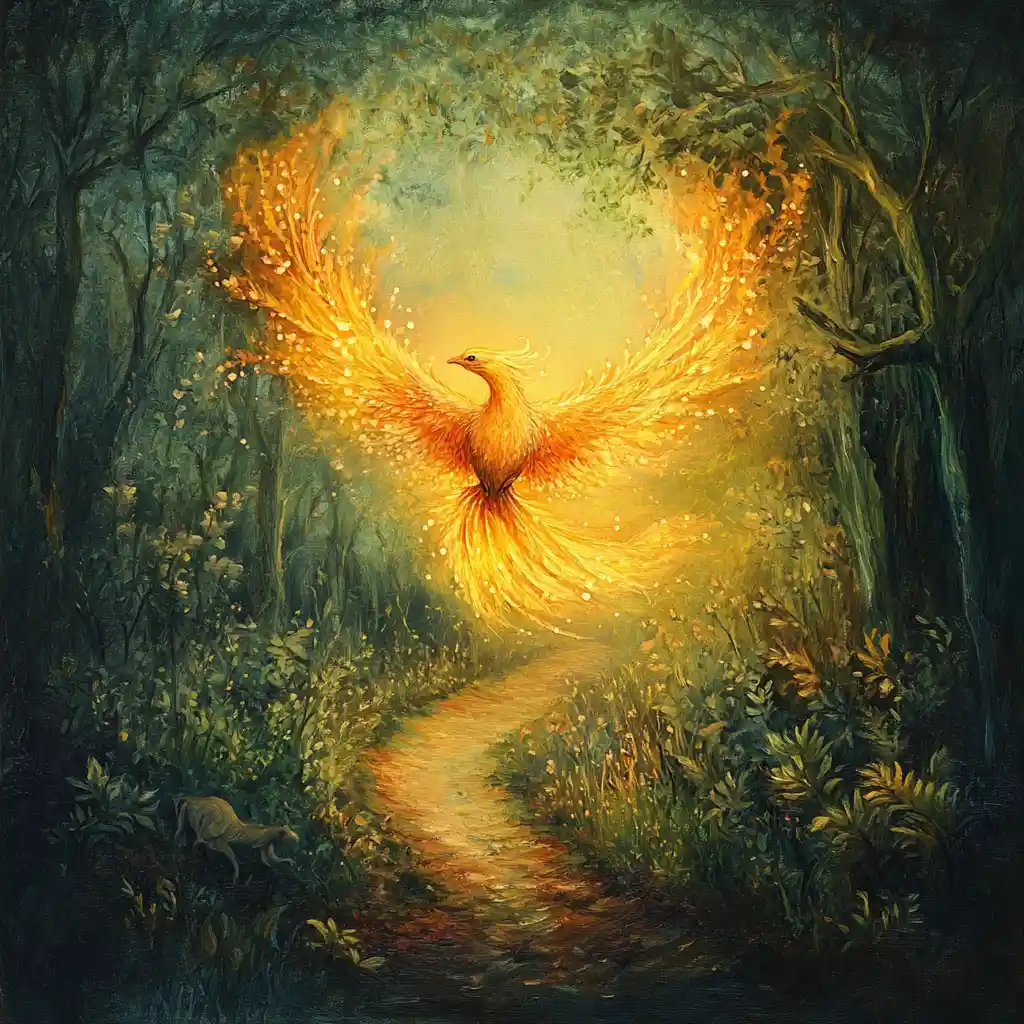 Radiant phoenix guiding lost souls through a dark forest