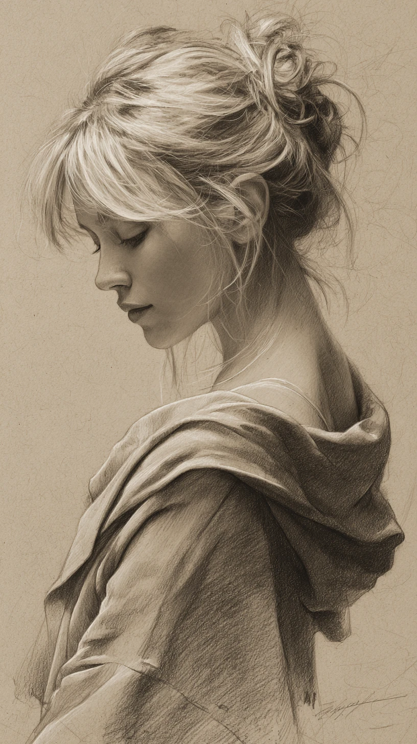 Side profile pencil sketch of a pensive young woman