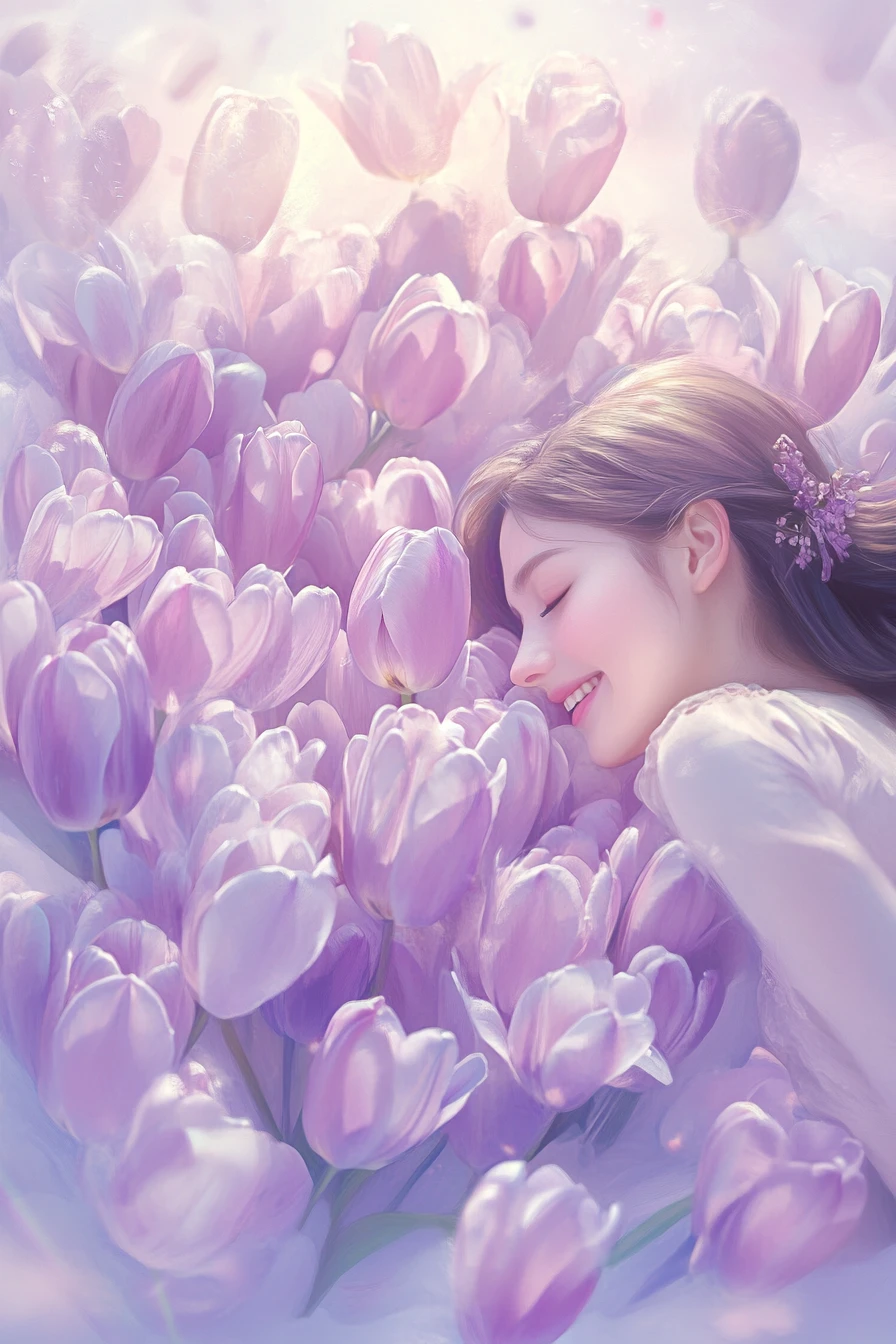 Cœur pastel de tulipes lilas avec jeune femme joyeuse