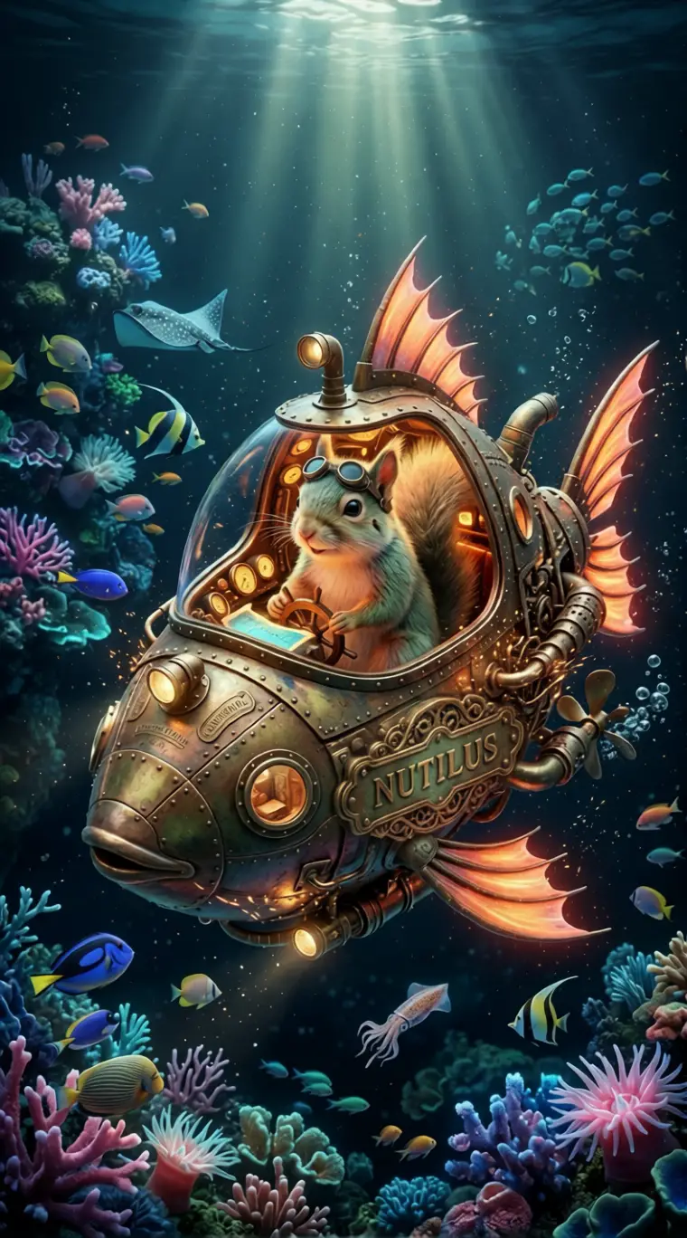 Squirrel Piloting A Brass Fish Shaped Submarine Underwater