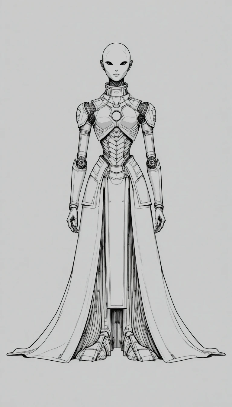 Stylized humanoid robot in symmetrical mechanical ceremonial armor