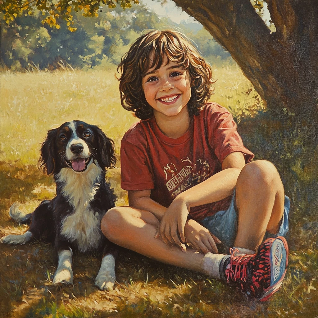 Niña jugando con un perro y un gato en un campo