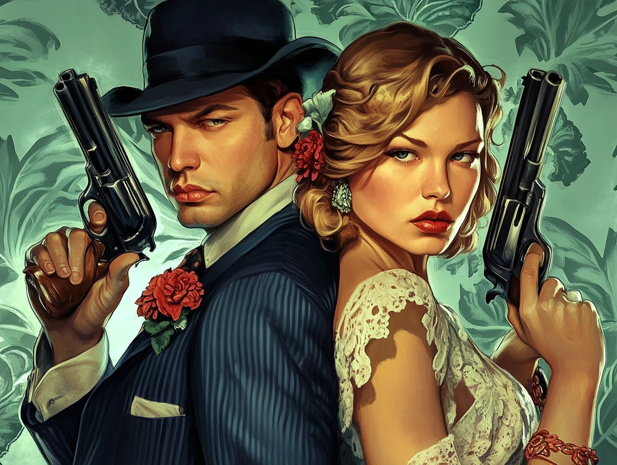 Romantic digital illustration of a stylish gangster couple