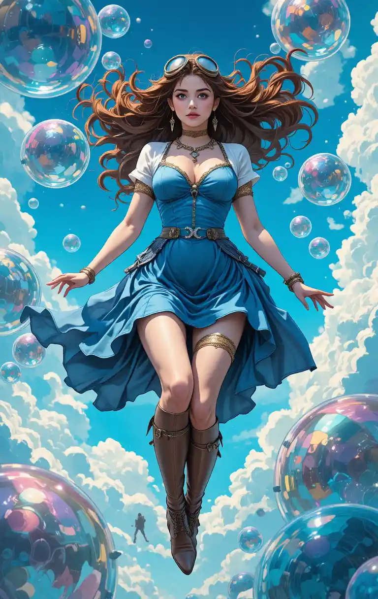 Young woman floating among giant bubbles in blue sky
