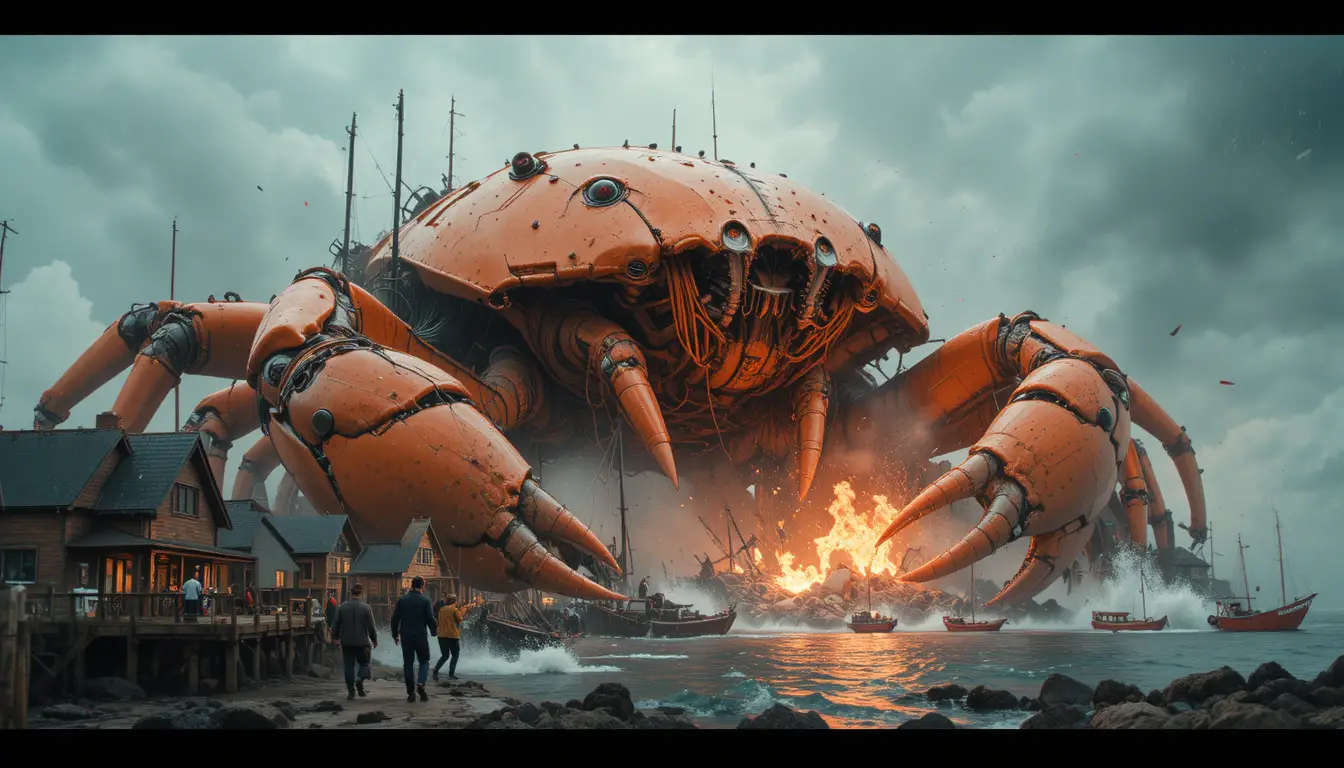 Giant cyborg crab attacking a stormy seaside village