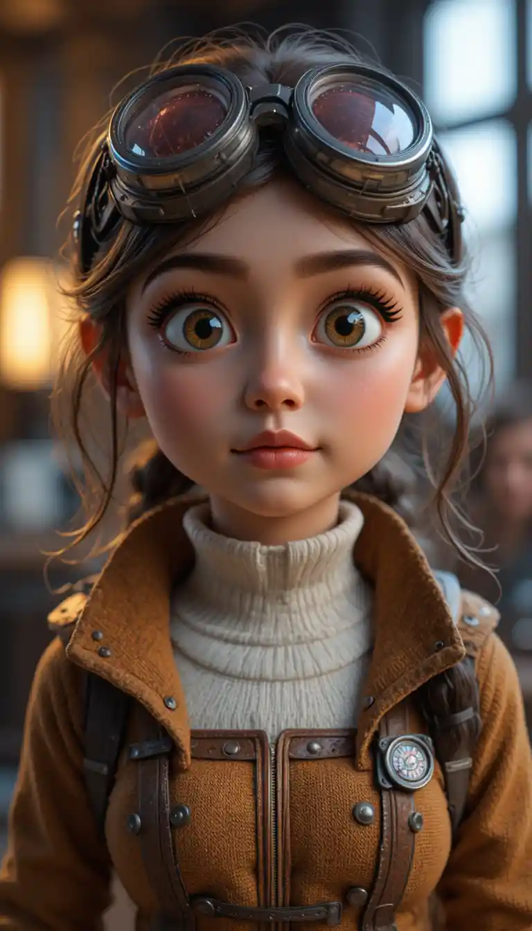 Young girl inventor with goggles in 3D animated style