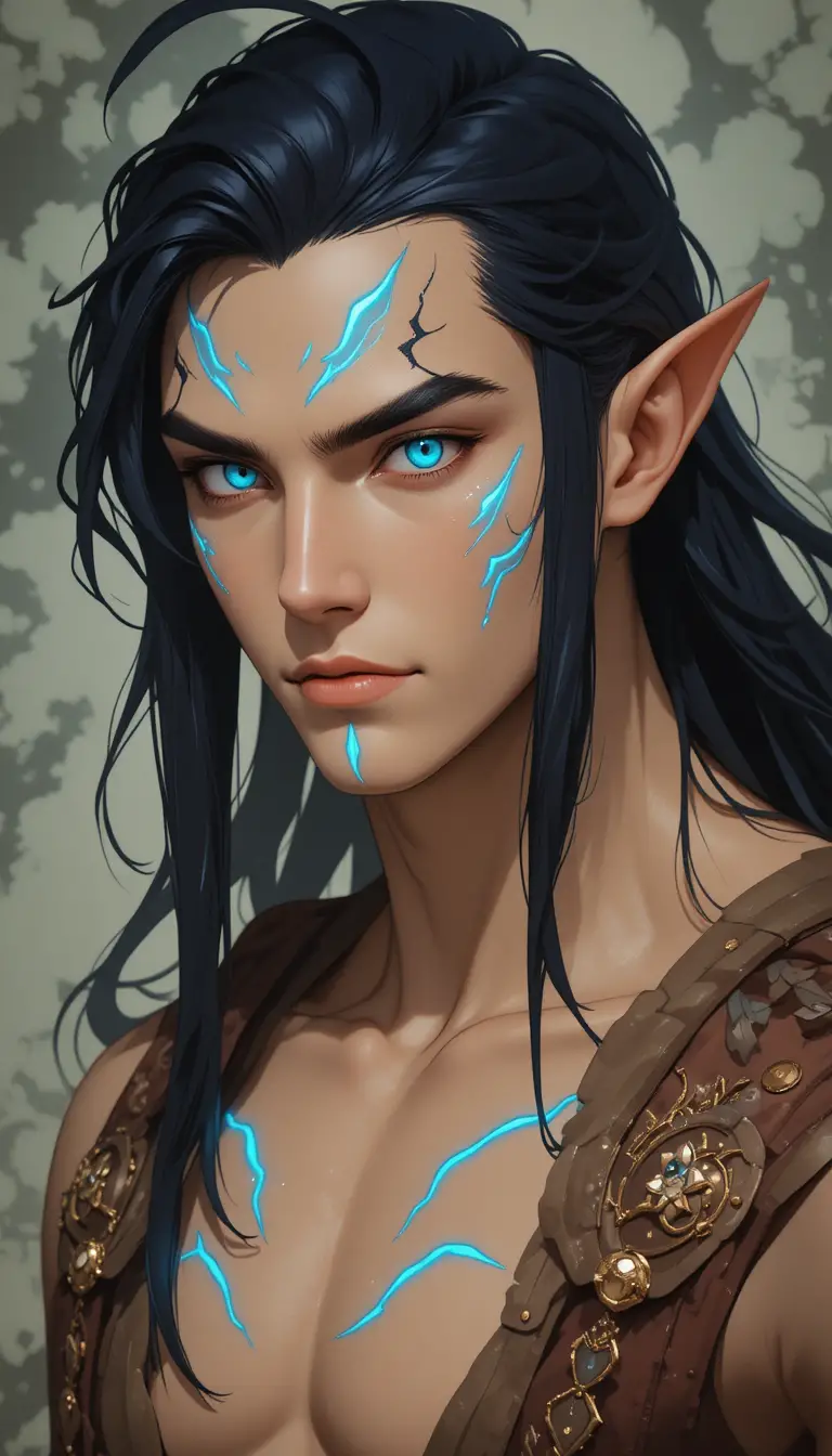 Blue eyed fantasy mage with glowing elemental markings