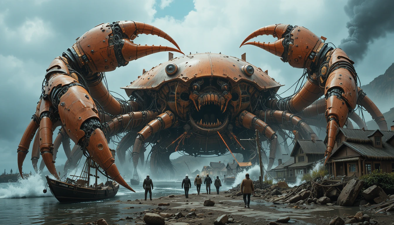 Giant cyborg crab attacking a stormy seaside village
