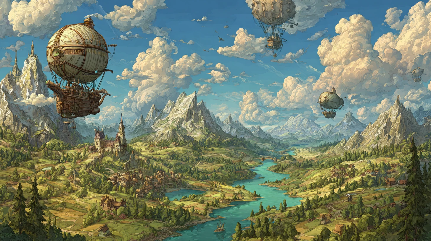 Colorful steampunk airships over a river mountain valley