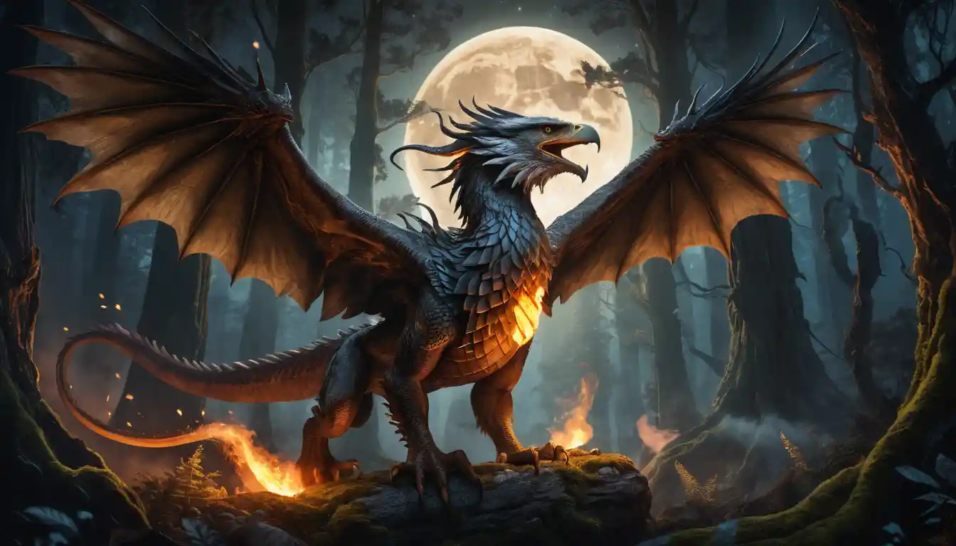 Majestätischer Drache, der durch eine dunkle mystische Waldnacht gleitet
