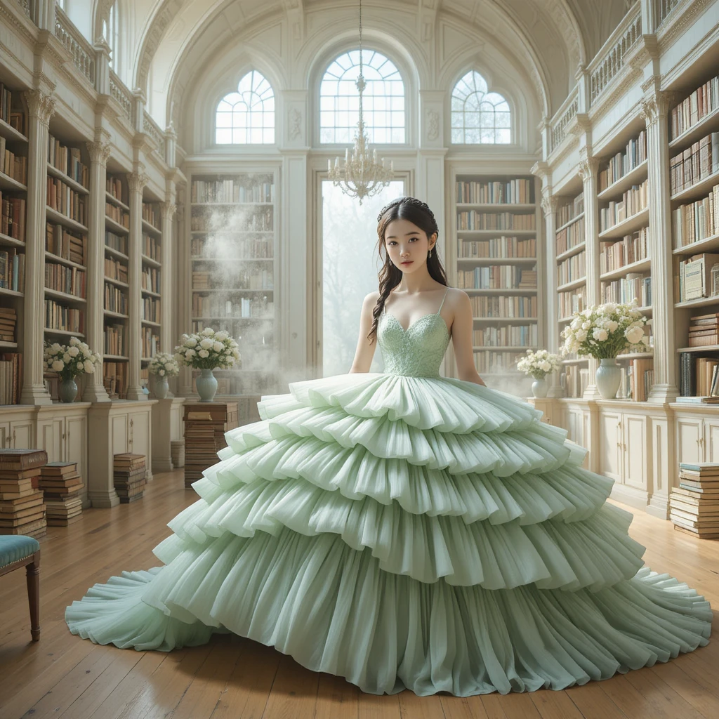 Korean woman in mint tiered gown in a sunlit library