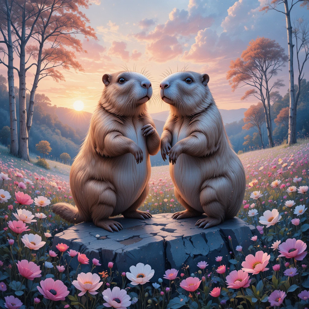 Capybaras Among Wildflowers At Dreamy Sunset