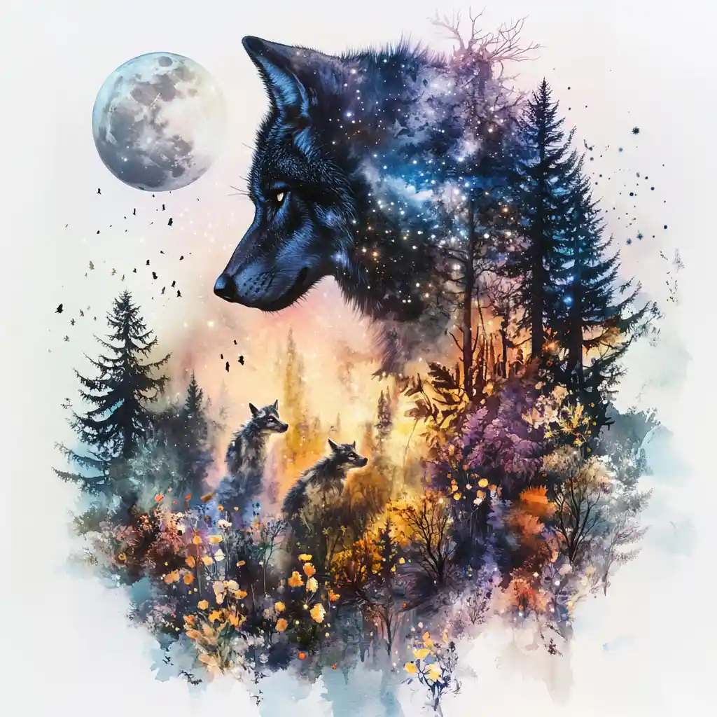 Lupi onirici in doppia esposizione in una foresta al chiaro di luna