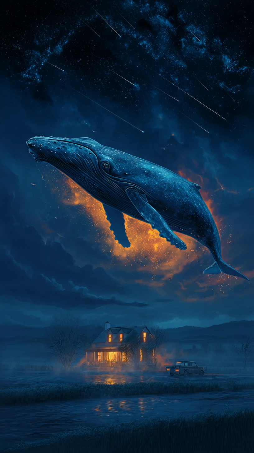 Blue whale drifting through a glowing starry night sky