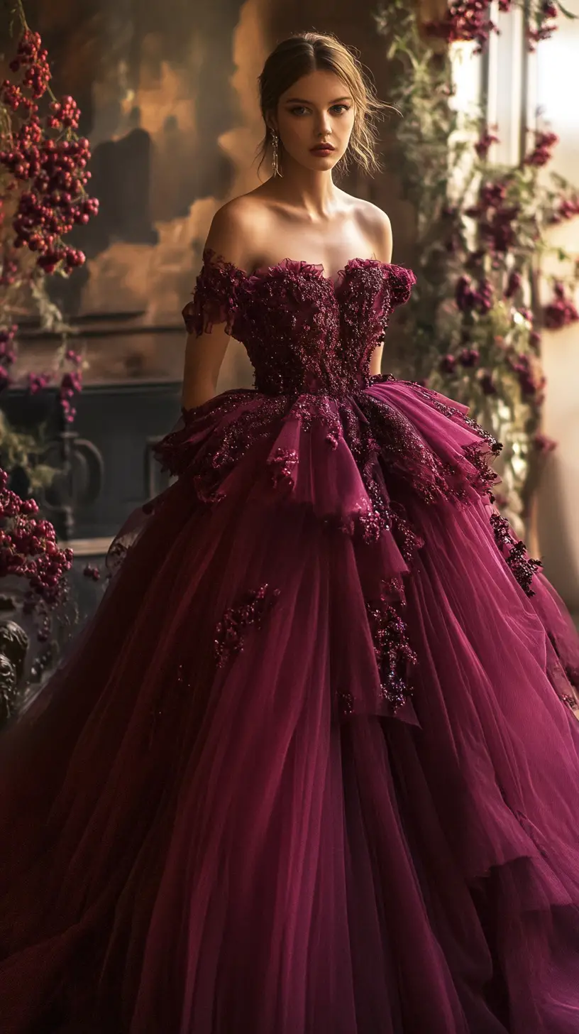 Woman in currant duchesse gown walking in opulent hall