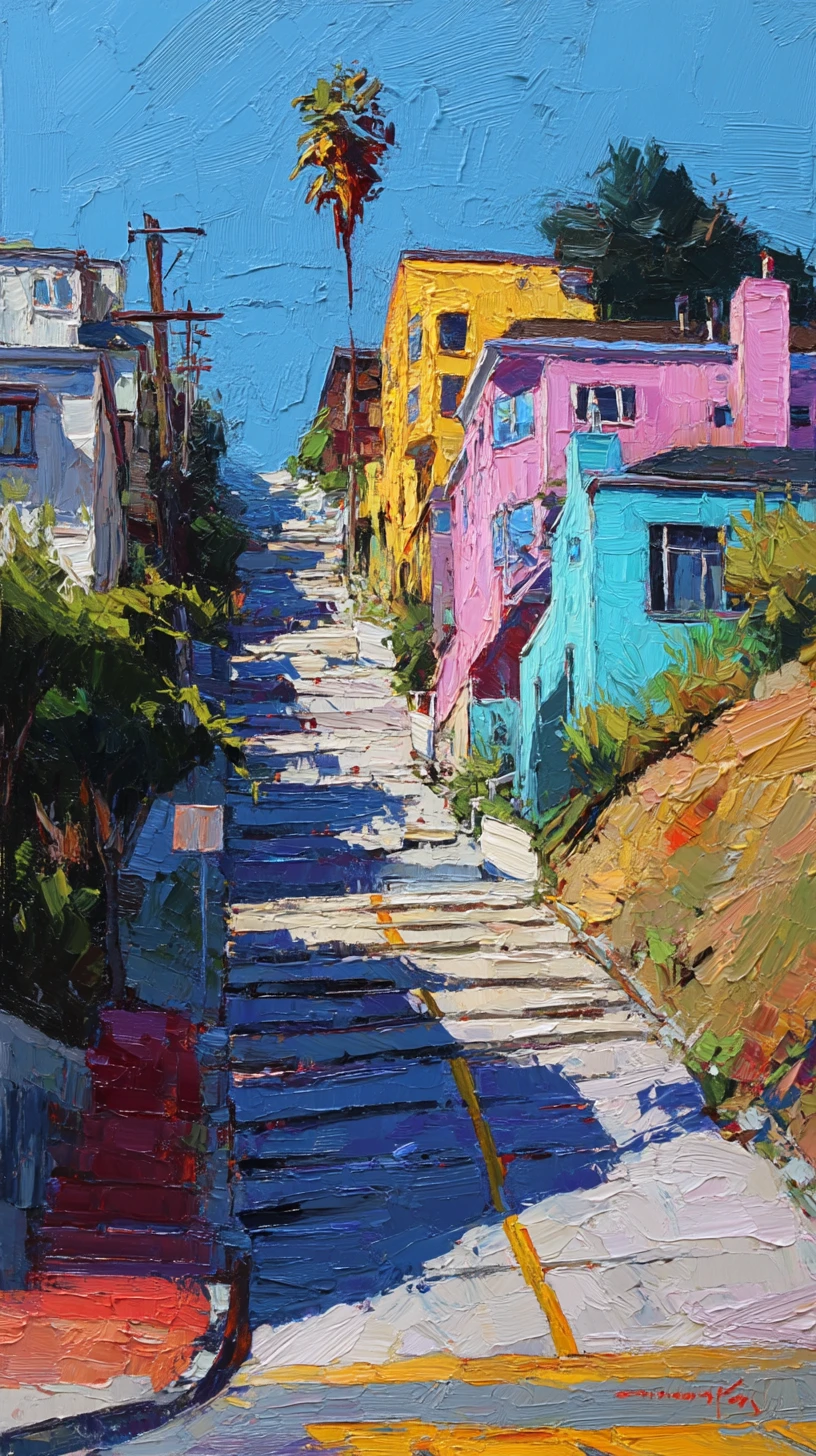 Calle empinada de la ciudad con casas coloridas a plena luz del sol