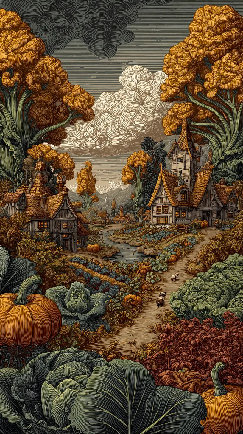 Fantasy Village Among Giant Lilies And Vegetables