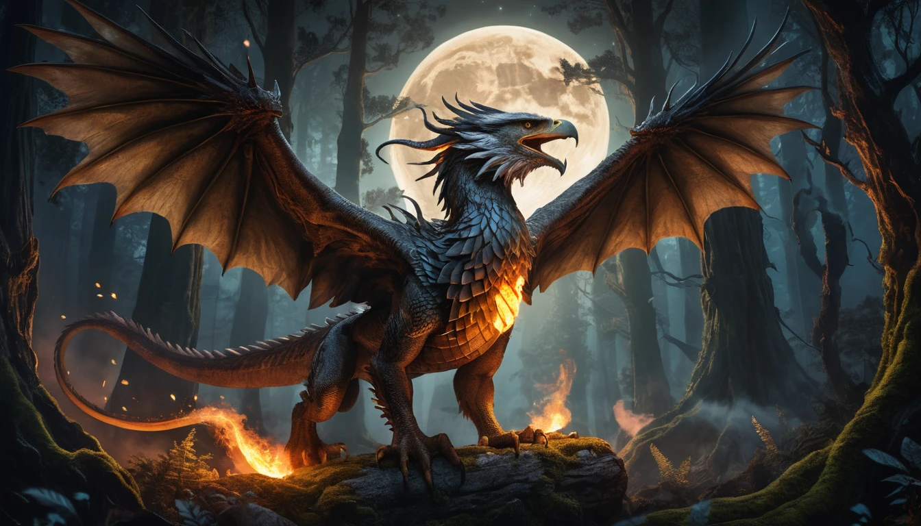Majestic dragon soaring through a dark mystical forest night