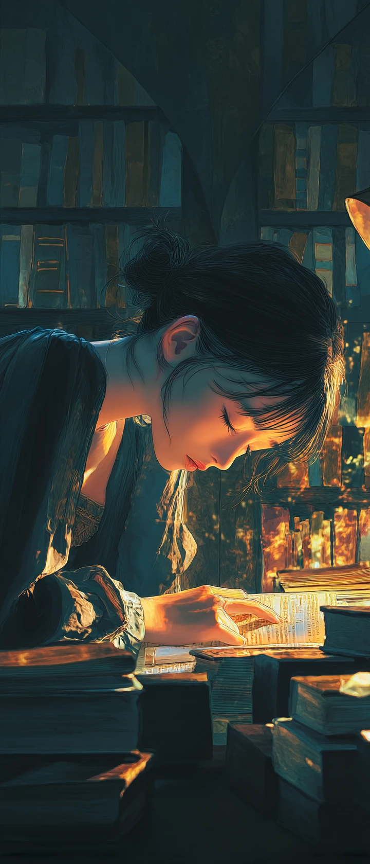 Anime librarian opening books to find photos of herself