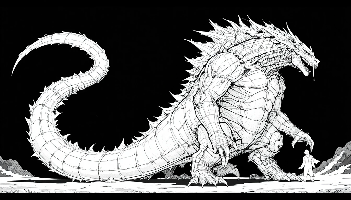 Black and white drawing of a massive spiked mythical creature