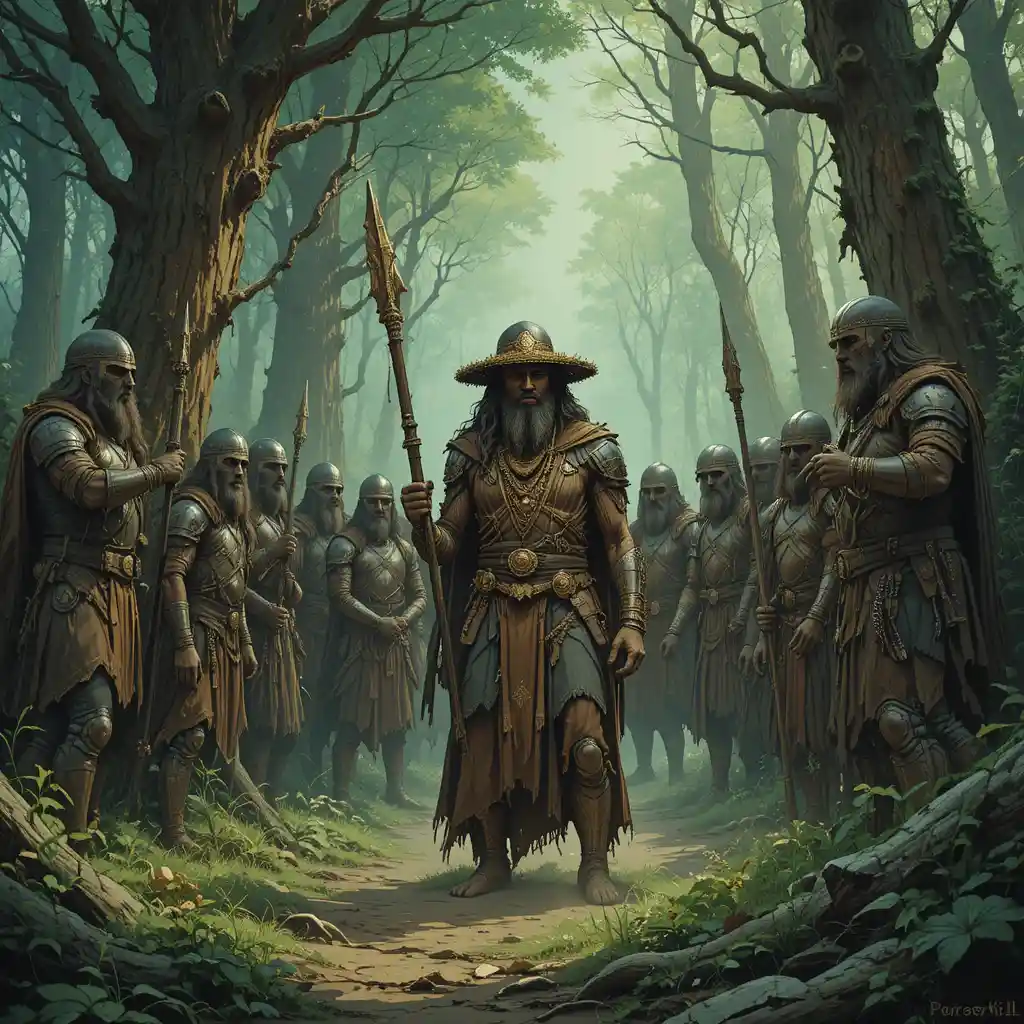 Lone shaman defends a sacred forest from armored invaders