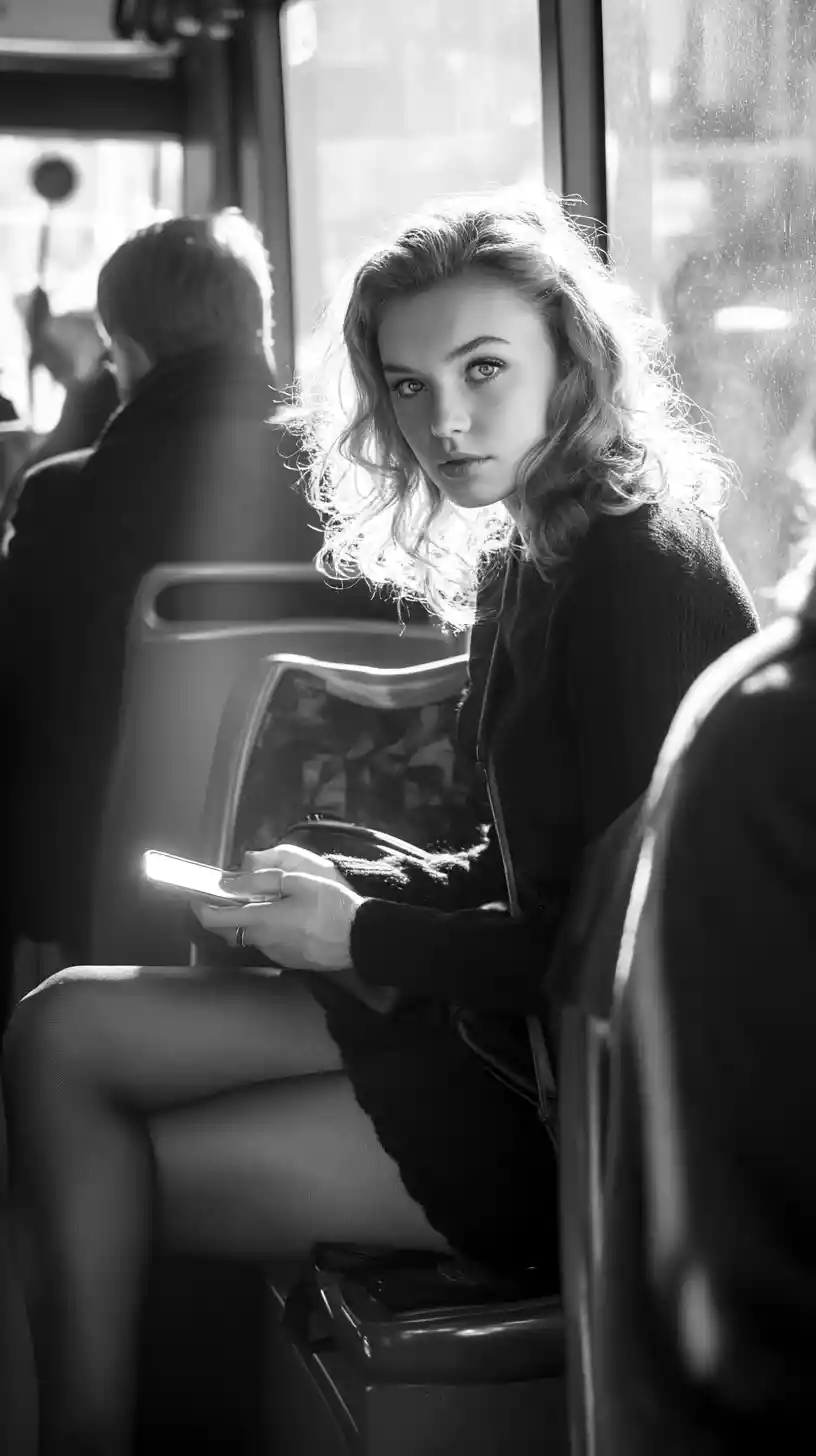 Woman on a morning bus bathed in soft window sunlight