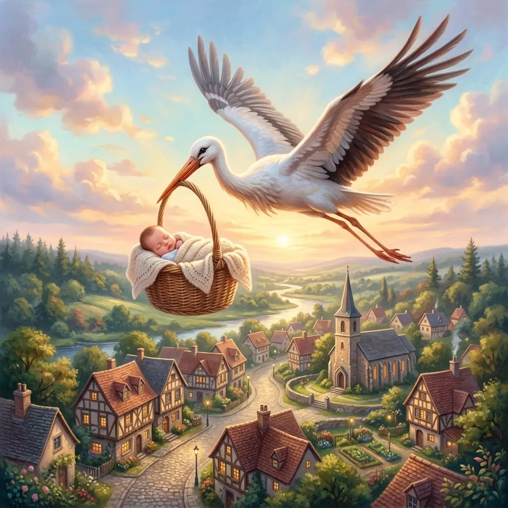Majestic stork delivering newborn above a peaceful village