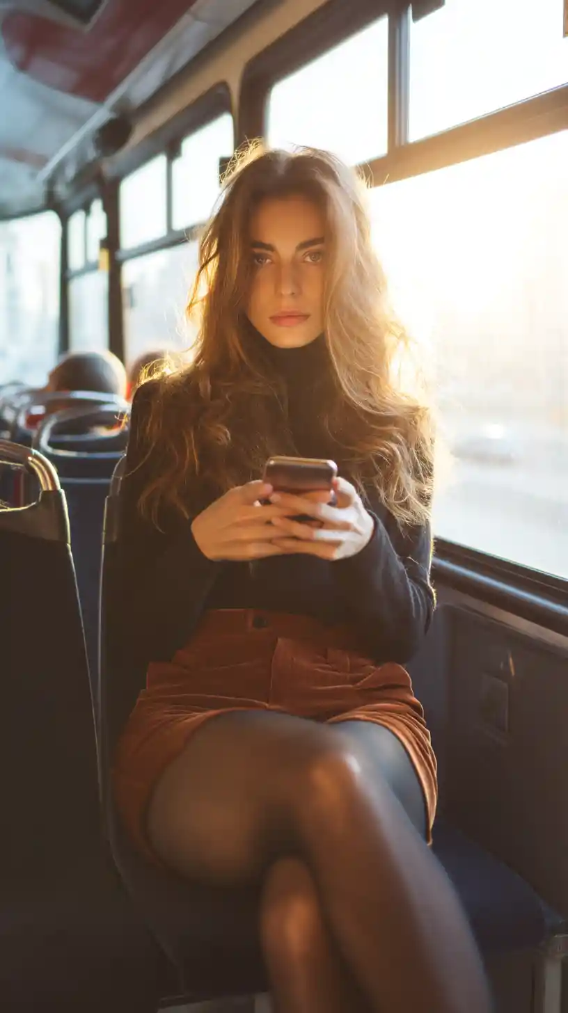 Woman on a morning bus absorbed in her smartphone