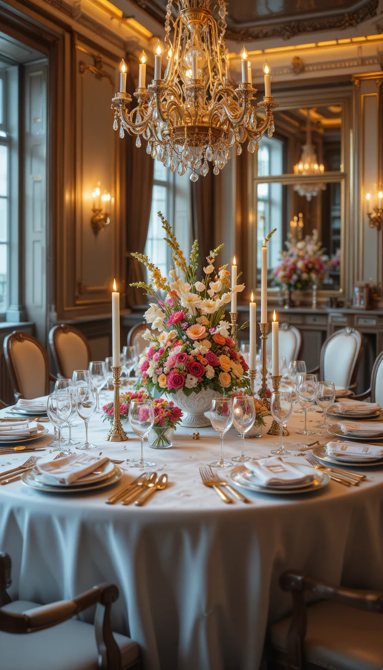 Elegant indoor dining table set with candles and flowers