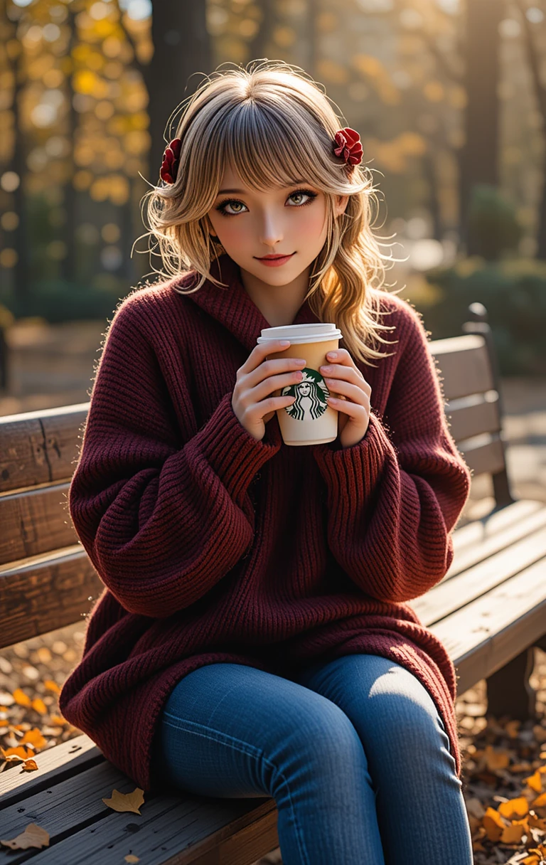 Young woman in burgundy sweater sipping coffee on bench