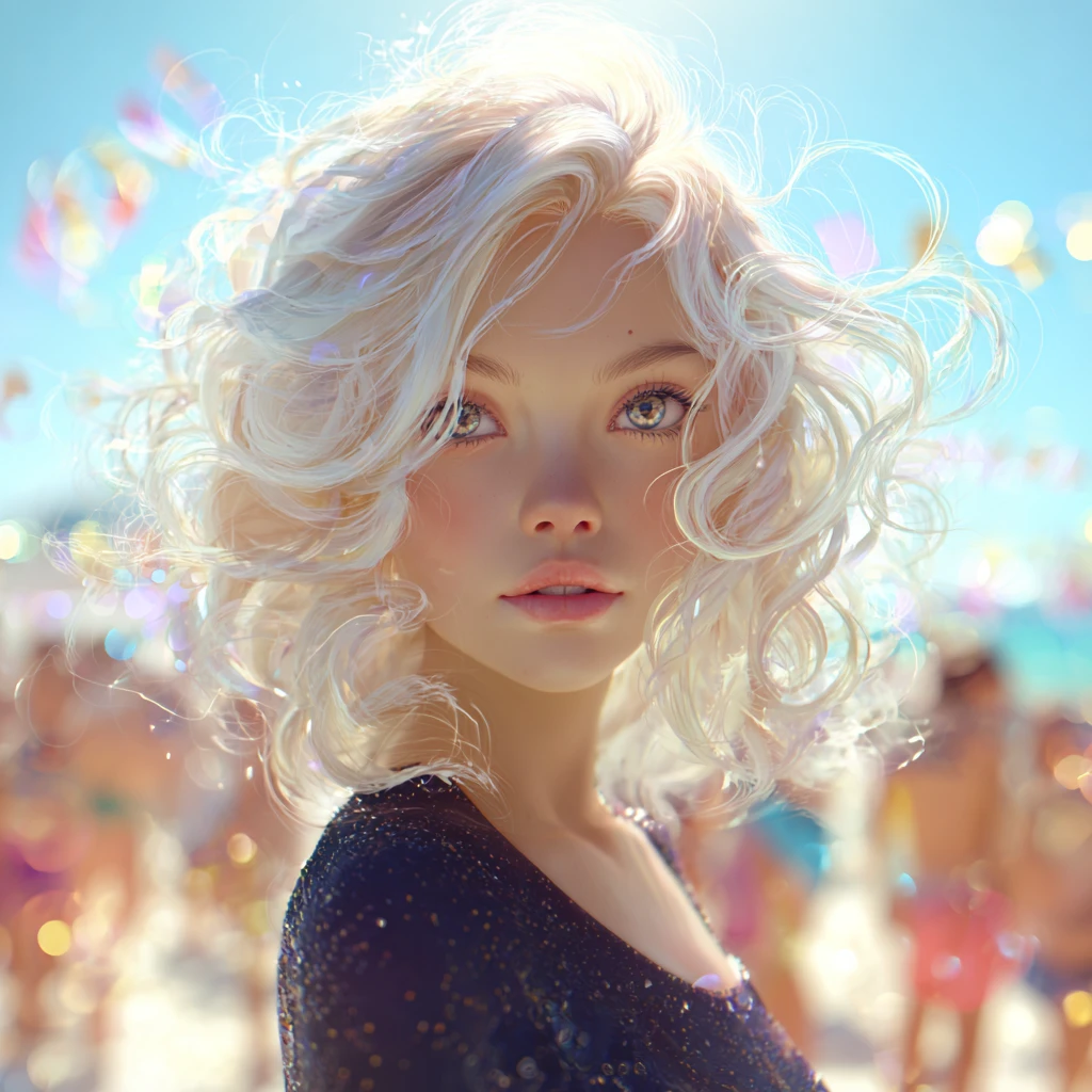 Mujer de cabello platino en una playa tropical de ensueño