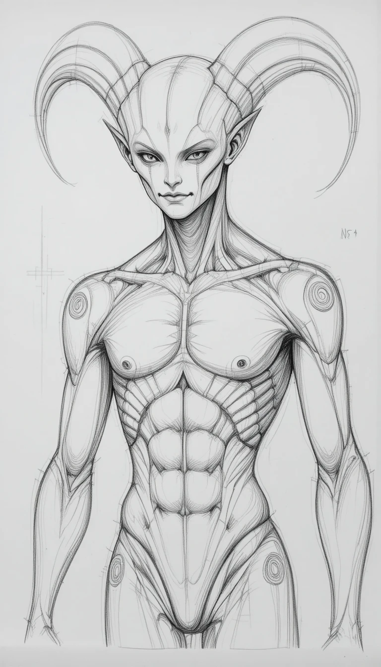 Pencil sketch of a horned humanoid creature bust design