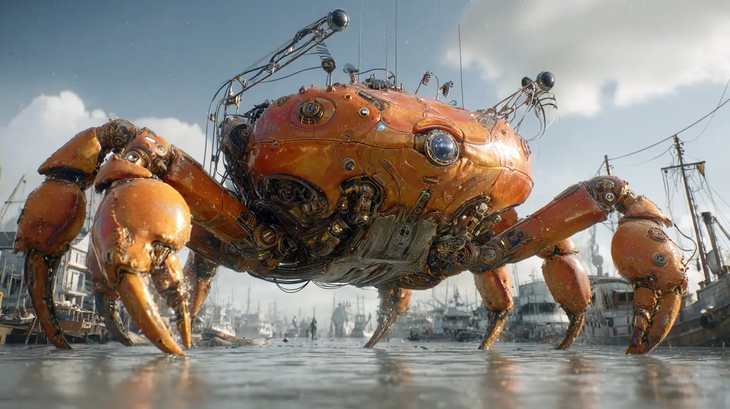 Giant cyborg crab attacking a stormy seaside village