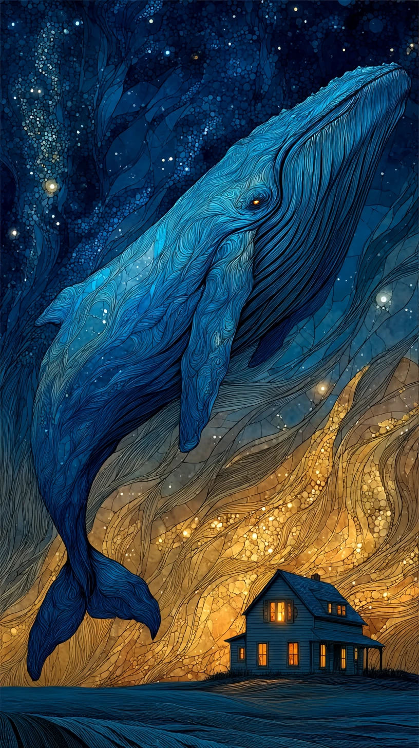 Ballena azul que flota a través de un cielo nocturno estrellado y luminoso
